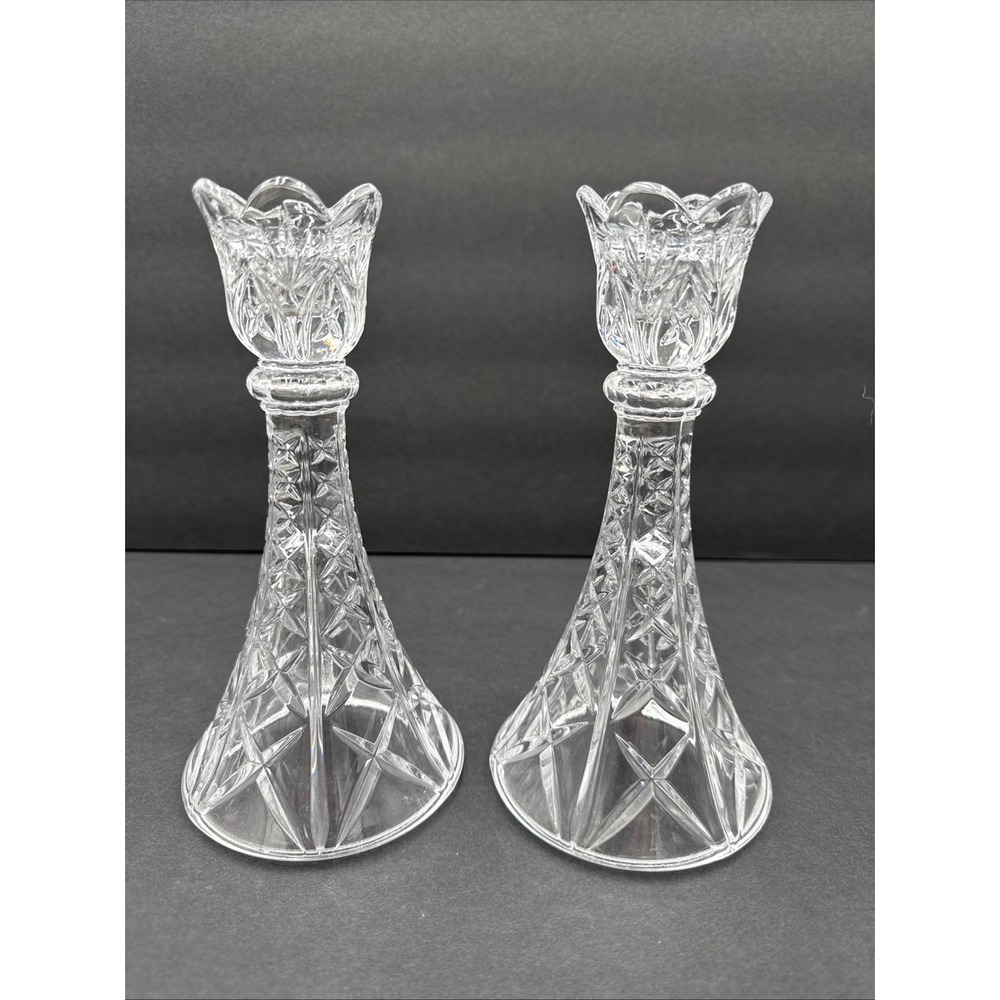 Vtg Lot Of 2 crystal Tulip candle stick Holder Set‎ 8"x4" Wide